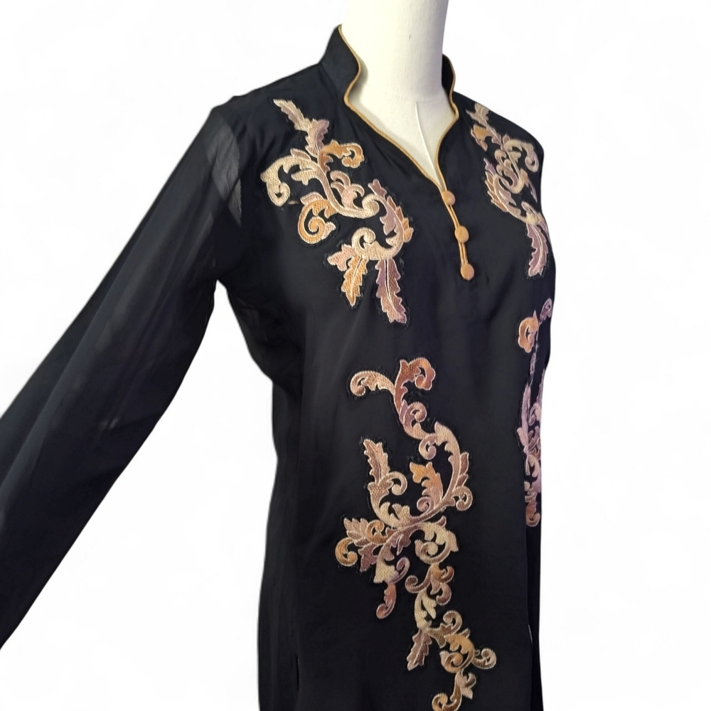 Vintage Kajree Kaftan Embroidered Detailing Black / Tan Womens Size Large - Picture 2 of 11